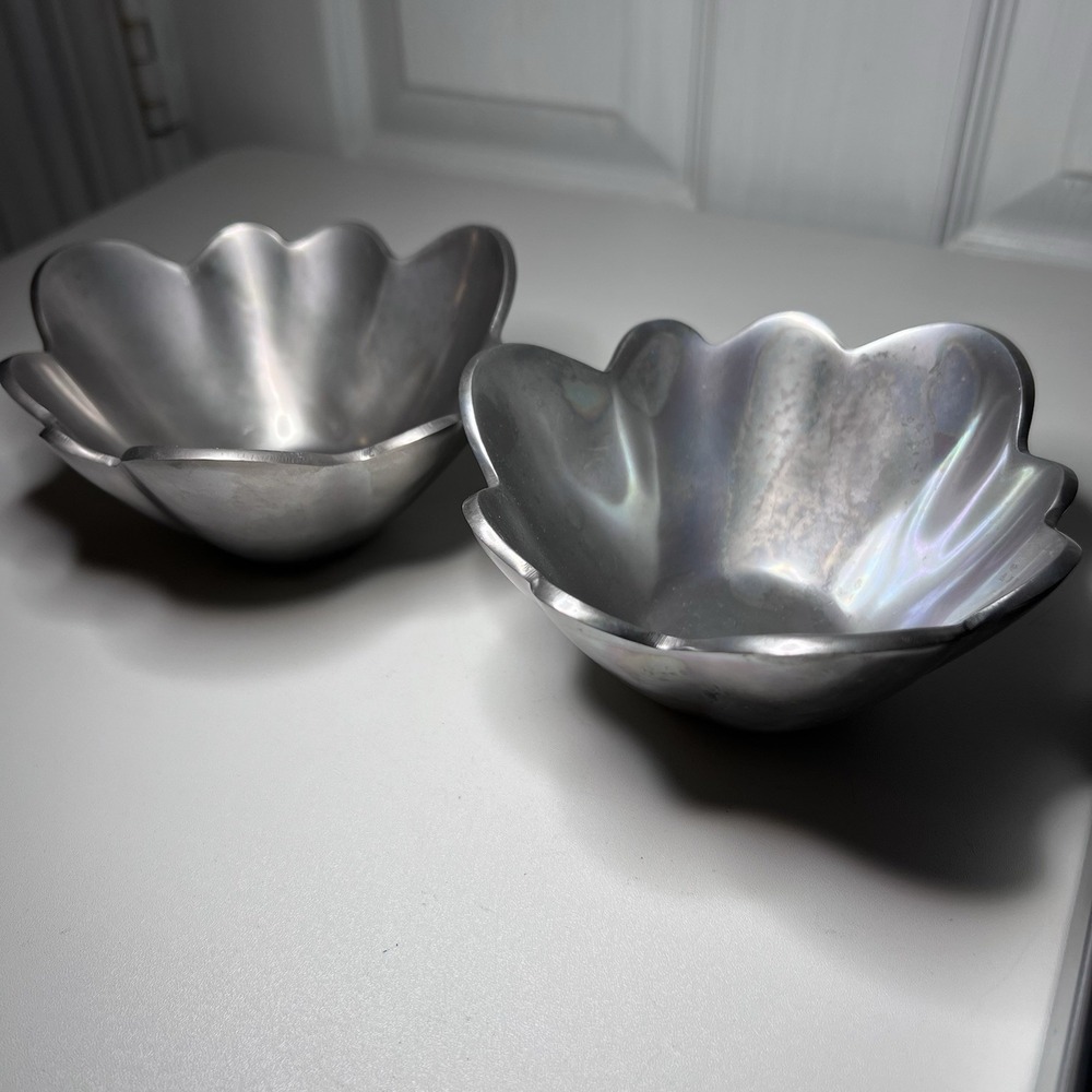 2-Vintage Scalloped Pewter Flower Bowls 5"